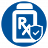 blue icon circle with Rx and badge checkmark